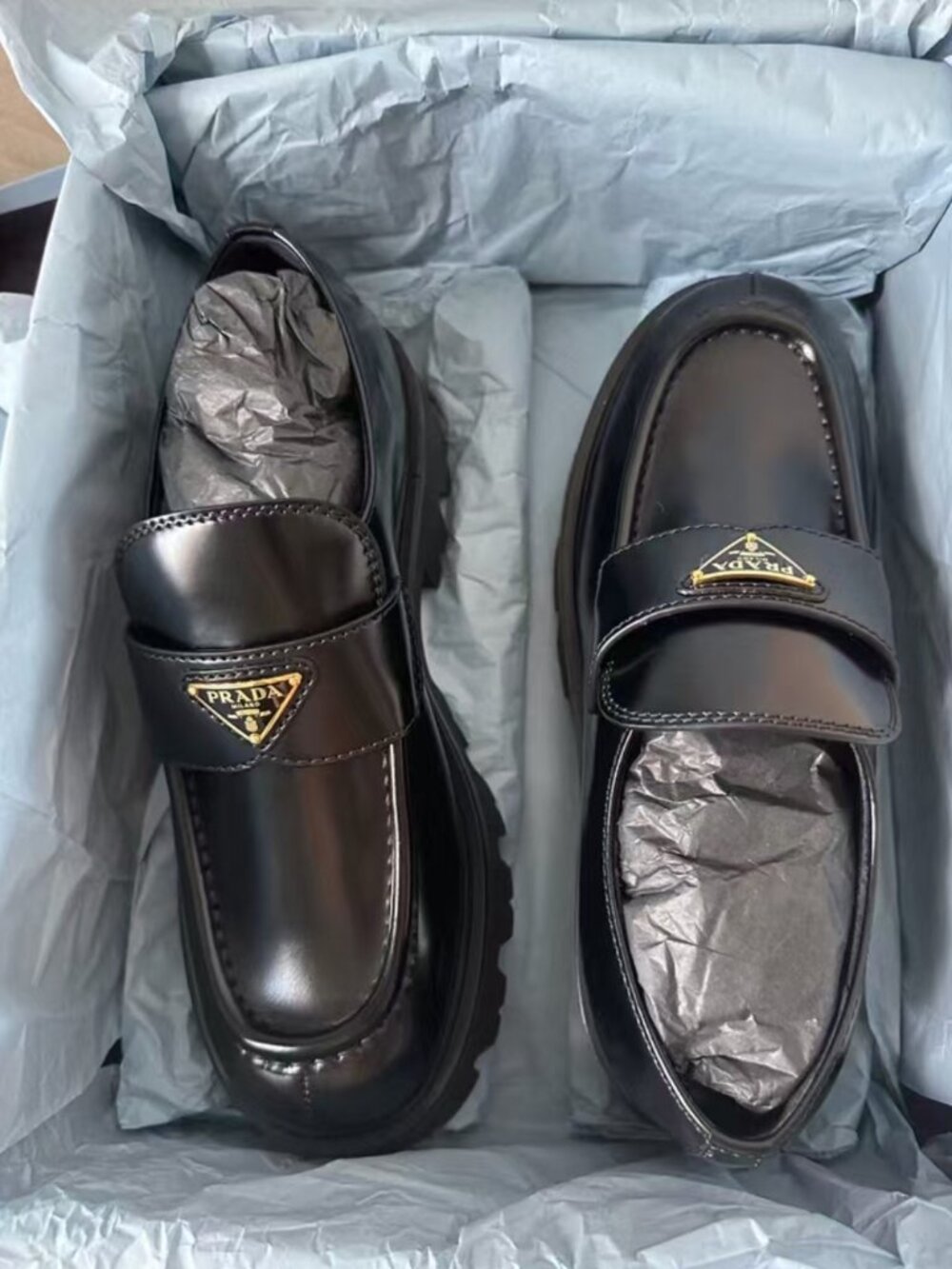 Prada Iconic Gold Triangle Logo Black Leather Chunky Loafer Shoes